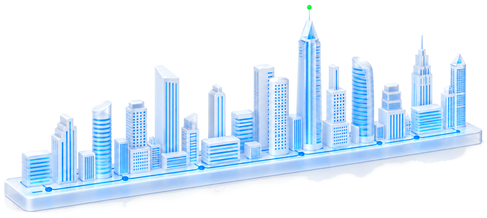 Skysecure city skyline connected on one glowing platform