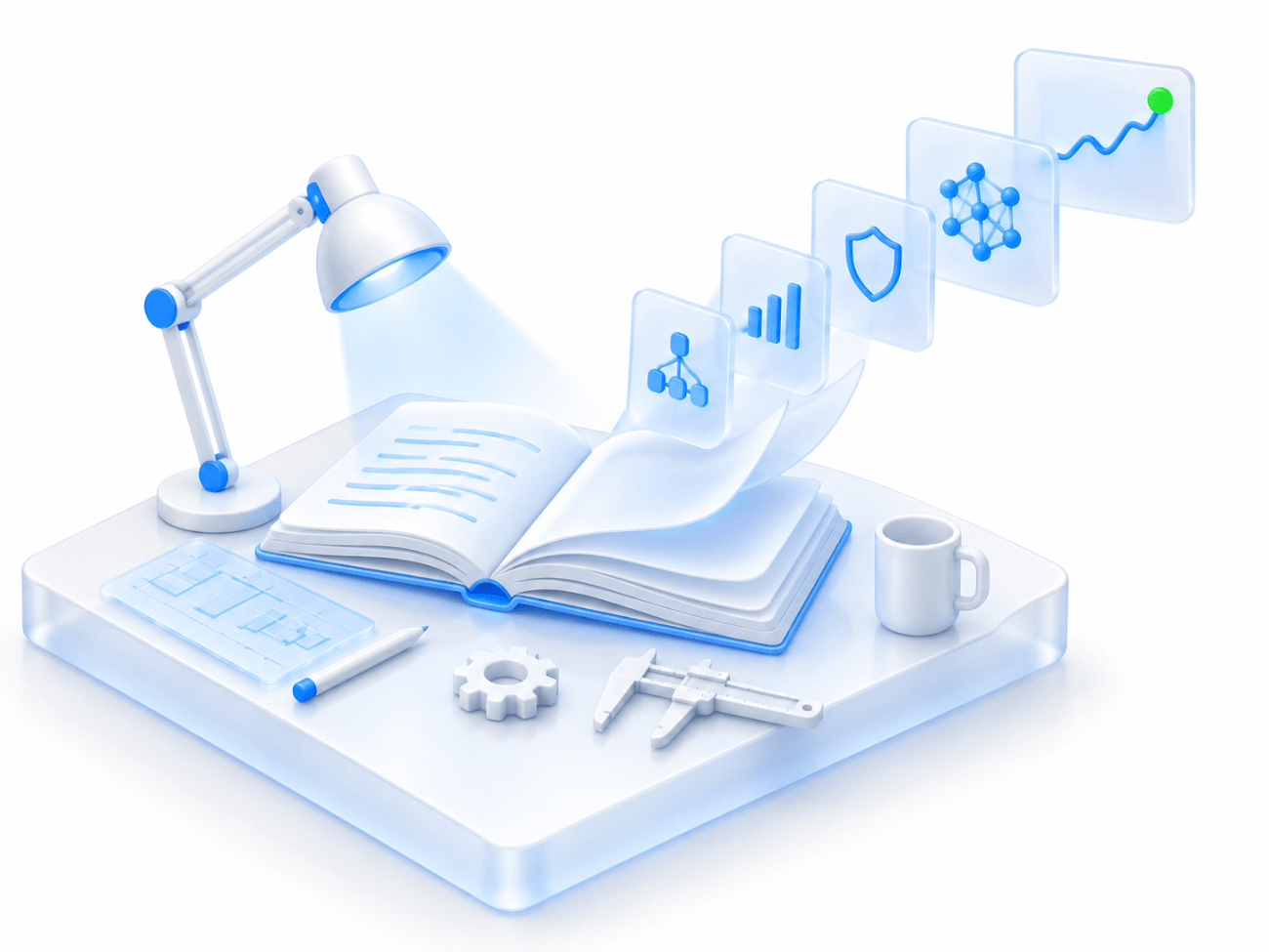 An engineering desk with an open book, insights rising into charts, security and networks