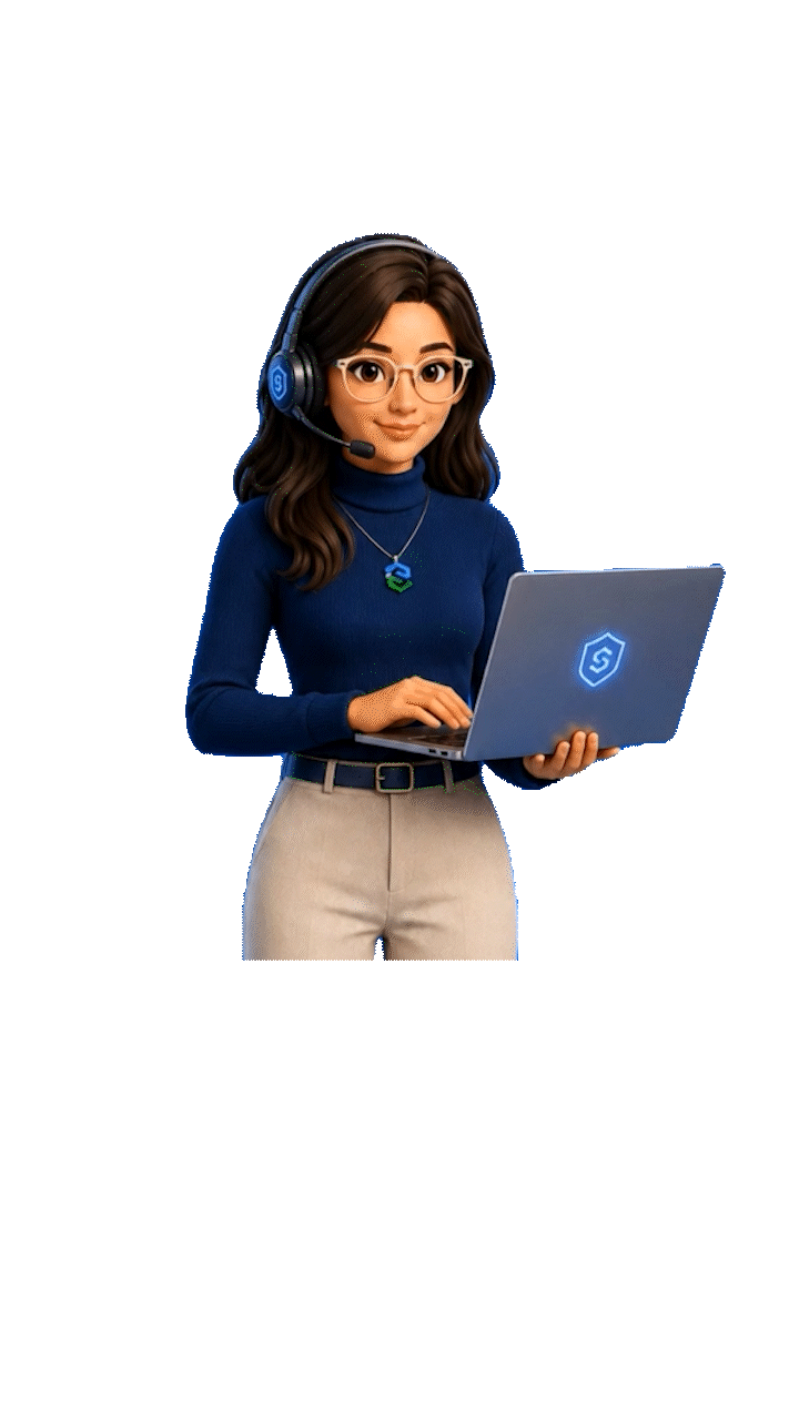 Animated Realize assistant holding a laptop